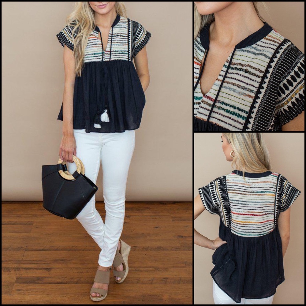 Anthro THML Black Embroidered Tassel Tie Babydoll Blouse Top